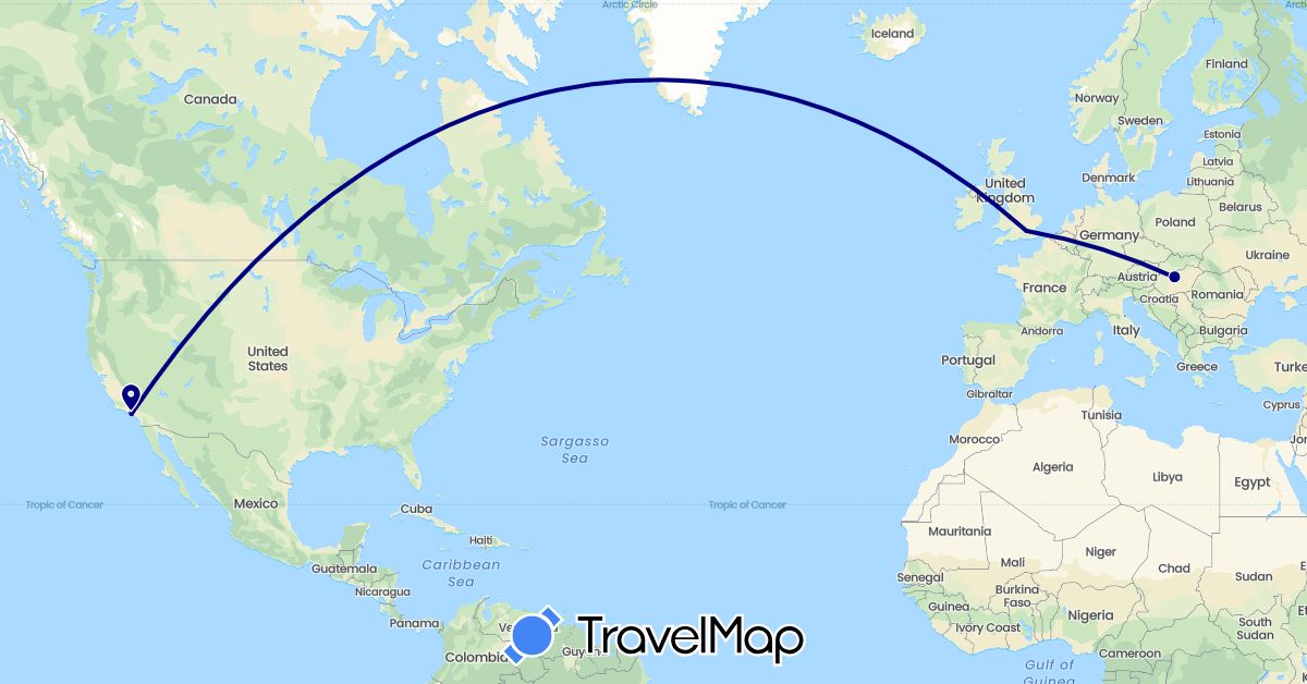 TravelMap itinerary: driving in United Kingdom, Hungary, United States (Europe, North America)